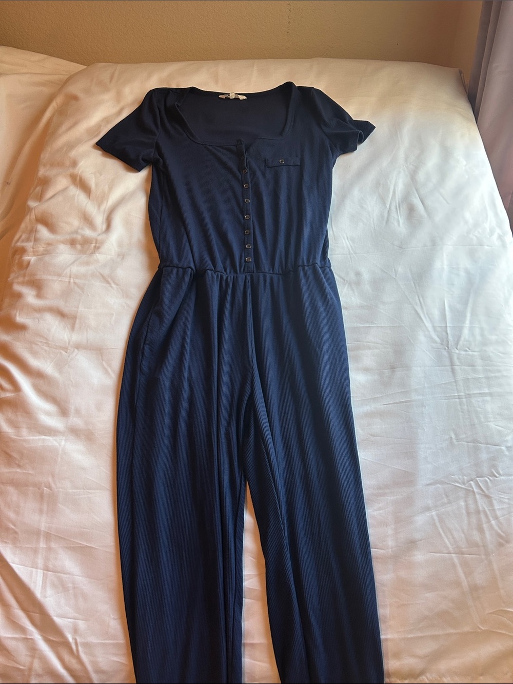 Amaryllis Navy Short-Sleeve Button-Up Jumpsuit